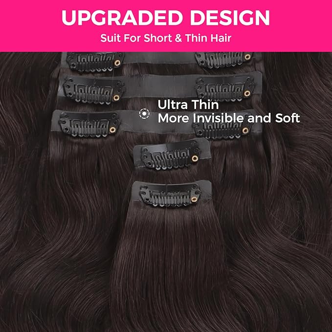 Lashey Seamless Clip in Hair Extensions Human Hair 150g 9pcs 24 Inch Body Wave #2 Dark Brown Clip for Women PU Weft Hair Extensions