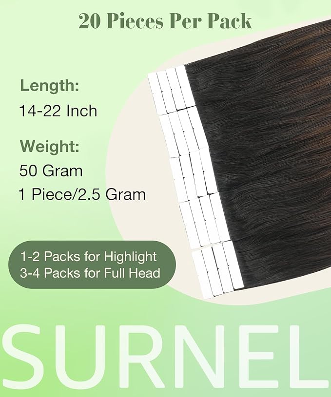 SURNEL Tape in Hair Extensions Ombre Color 1B Off Black Fading To 4 Middle Brown Real Remy Tape in Hair Extensions Human Hair 20pcs 50g 14 inch(#1BT4-14)