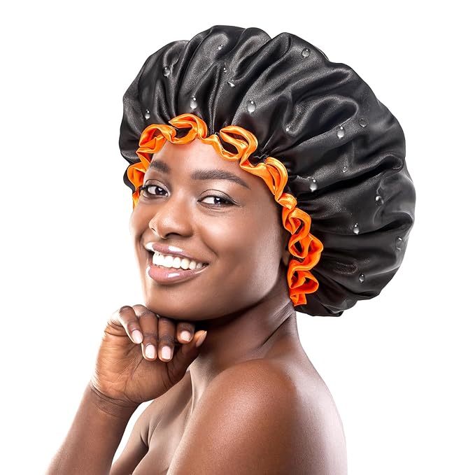 mikimini Extra Large Black Shower Caps Pack of 2 for Women and Men Thick Long Hair Braids, Reusable Waterproof Double Layers XL Bathing Hair Cap with Vibrant Orange Edge (Black)