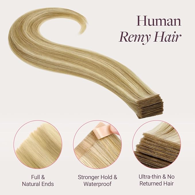 GOO GOO Genius Tape in Hair Extensions, Hand Tied Tape Weft, 16/22 Light Blonde Highlighted Golden Blonde, 16inch 50g 20pcs, Remy Human Hair, Seamless Invisible Tape, Natural Blend, Lightweight