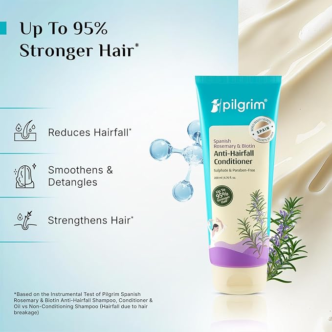 Pilgrim Spanish Rosemary & Biotin Anti Hairfall Conditioner for Reducing Hair Loss & Breakage | Upto 95% stronger hairs | Suitable for all hair types | For Men & Women 6.76 Fl Oz (200ml)