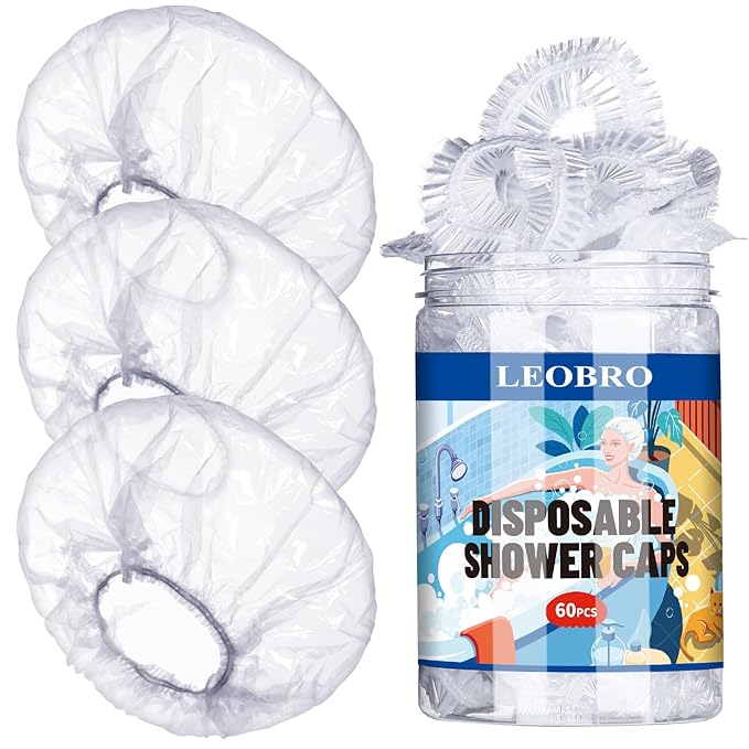 LEOBRO Shower Caps, 60PCS Large Disposable Shower Caps for Women, Plastic Shower Cap, Plastic Cap for Hair Treatment, Travel, Large Size 19.3 INCH