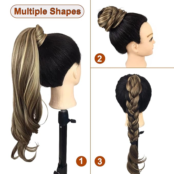 Chicmoi Chocolate Brown Ponytail Extainson with Blonde Highlight 32 Inch Flexible Wrap Around Ponytail Hair Extension Long Wavy Pony Tails hair Extension Synthetic Hairpieces For Women and Girls