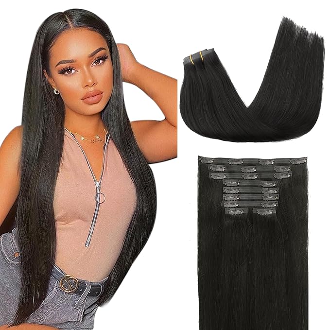 Lashey Clip in Hair Extensions Real Human Hair Seamless Hair Extensions, 9pcs 150g Straight Hair Natural Black #1B 20 Inch Clip in Hair Extension Remy Thick Human Hair with Soft PU Weft