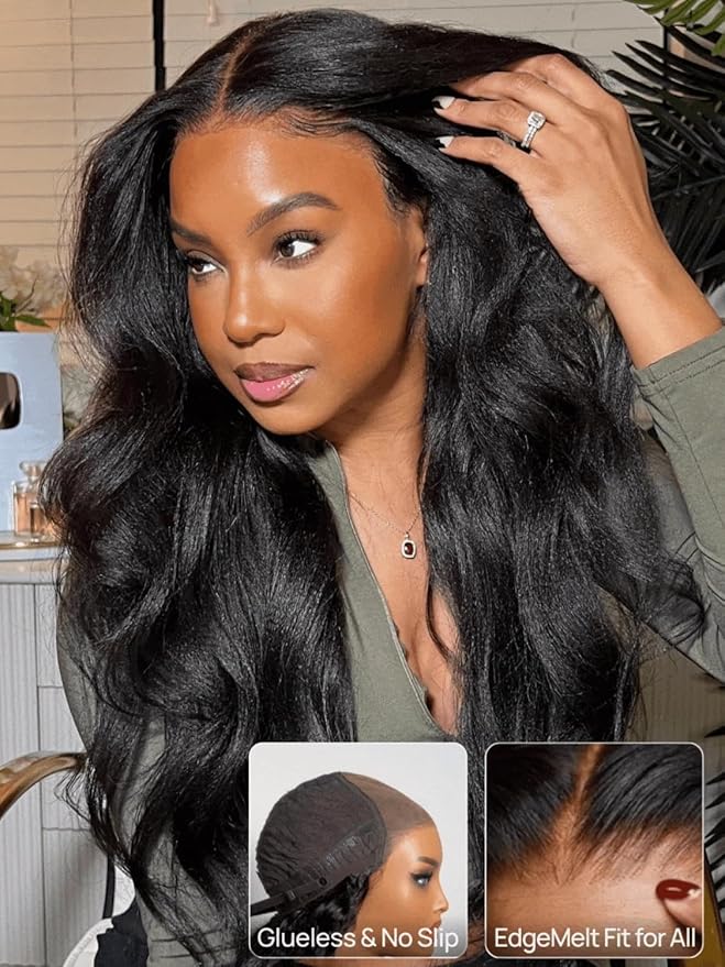 Julia Hair No Slip Yaki Straight 7x5 Lace Closure Glueless Drawstring Wig Flexible Mesh Cap Bye-Bye Slip Pre Cut HD Lace Front Pre Everything Bleached Knots Wear and Go Wig,Zero Slip Hold 24 Inch
