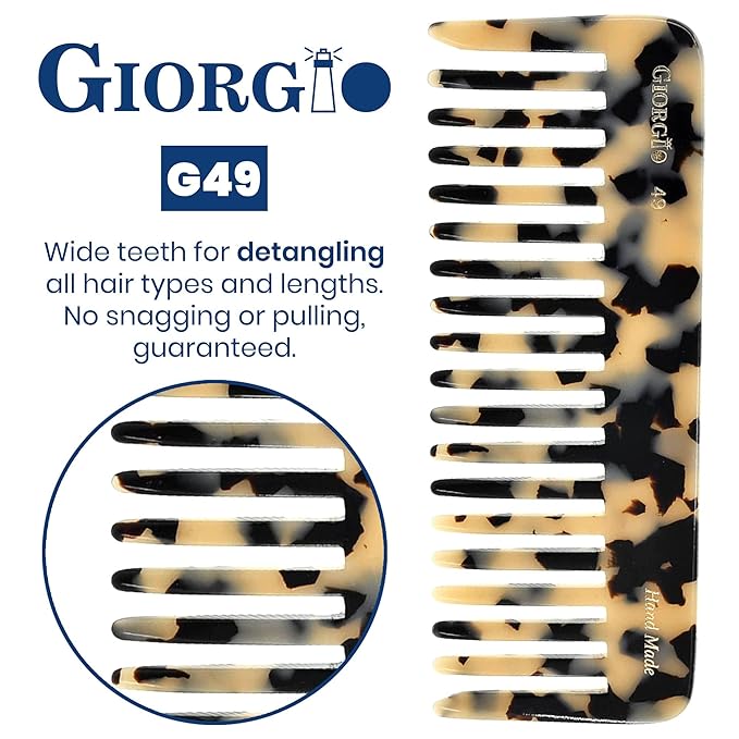 Giorgio G49 White Tokio, Large Wide Tooth Detangling Comb for Thick Curly Wavy Hair. Wet & Dry Hair Detangler - Handmade of Quality Cellulose, Saw-Cut, Hand Polished