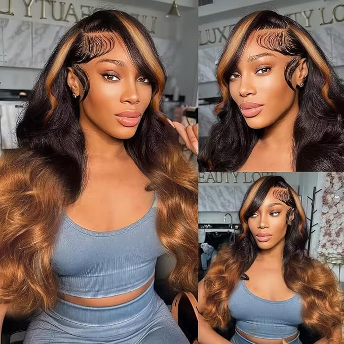 200% Density 13x6 Lace Front Wigs Human Hair Pre Plucked Body Wave 13x6 HD Transparent Ombre 1B/30 Lace Front Wigs With Baby Hairs Glueless Wigs Balayage Wigs Human Hair Wig For Women 34 Inch