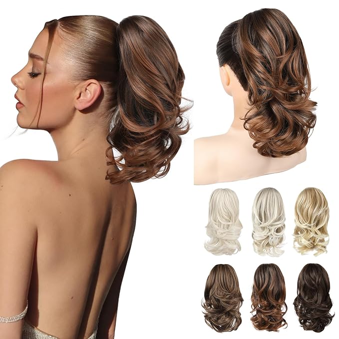 Ponytail Extension - 14" Claw Clip in Ponytail Hair Extensions Natural Soft Synthetic Layered Wavy Pony Tail Hair Pieces for Women - Auburn Brown