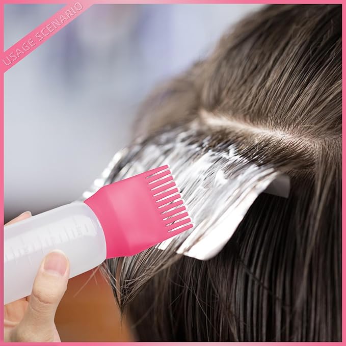 BLAAROOM Root Comb Applicator Bottle 6 Ounce, 4 Pack Hair Oil Applicator Bottle, Hair Dye Bottle Applicator Tools with Hair Oil Dispenser Root Comb Brush for Hair Oiling Applicator - Dark Pink