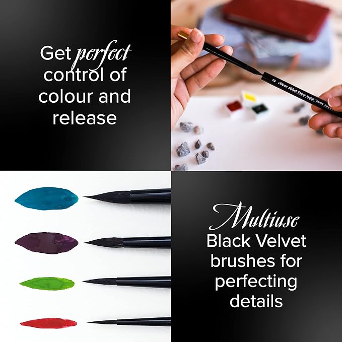 Silver Brush Limited WC-3124ST Black Velvet Voyage Master Travel Set for Watercolor, Gouache, Inks, & Dyes, Set of 4, Sizes 2, 4, 6, and 8 Round Paintbrushes, Short Handle