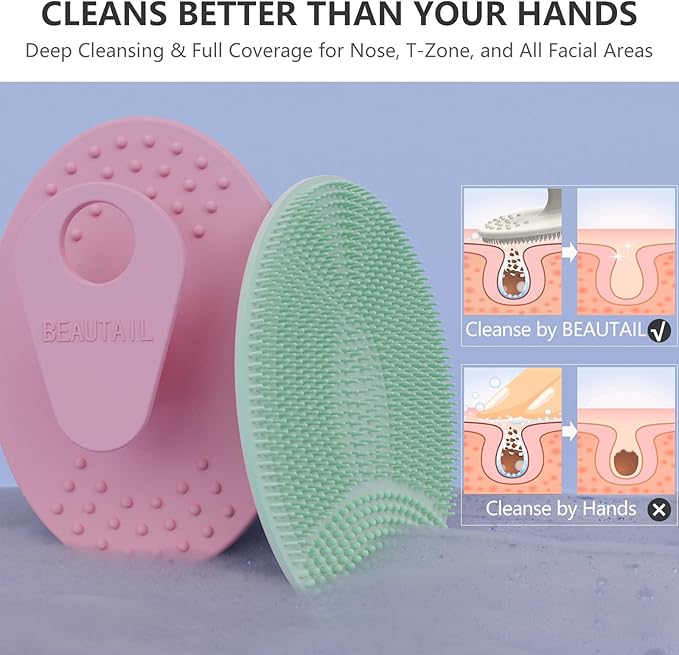 Face Scrubber 4 Pack, BEAUTAIL Silicone Manual Facial Cleansing Brush for Men Women, Gentle Face Scrubber Exfoliator, Skin Care Exfoliating Face Brush, Black+Green+Pink+Darkblue