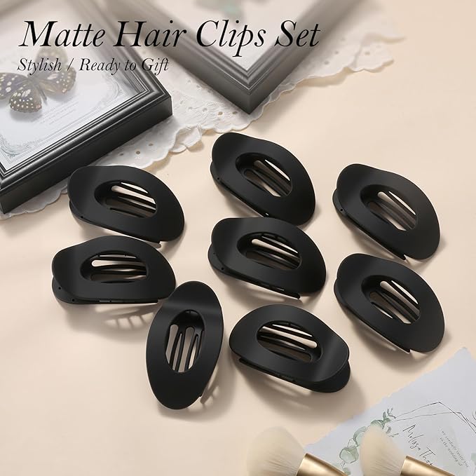 Upgraded 8 Pack French Flat Hair Clips for Women Girls, Matte Lay Flat Claw Clips, Large No-Slip Claw clips for Thick & Thin Hair, Strong Hold Styling Barrettes Accessories for Daily Styling(Black)