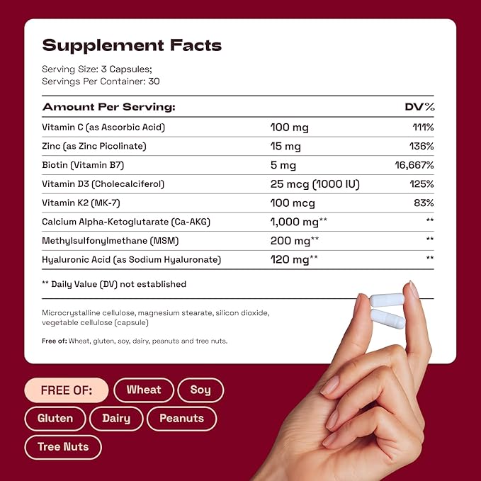 Hair Skin and Nails Supplement with Ca AKG | MSM | Hyaluronic Acid | Biotin | Vitamin C & Vitamin D3 K2 – Supports Radiant Skin, Promotes Shiny Hair & Strong Nails –270 Capsules (3 Pack)