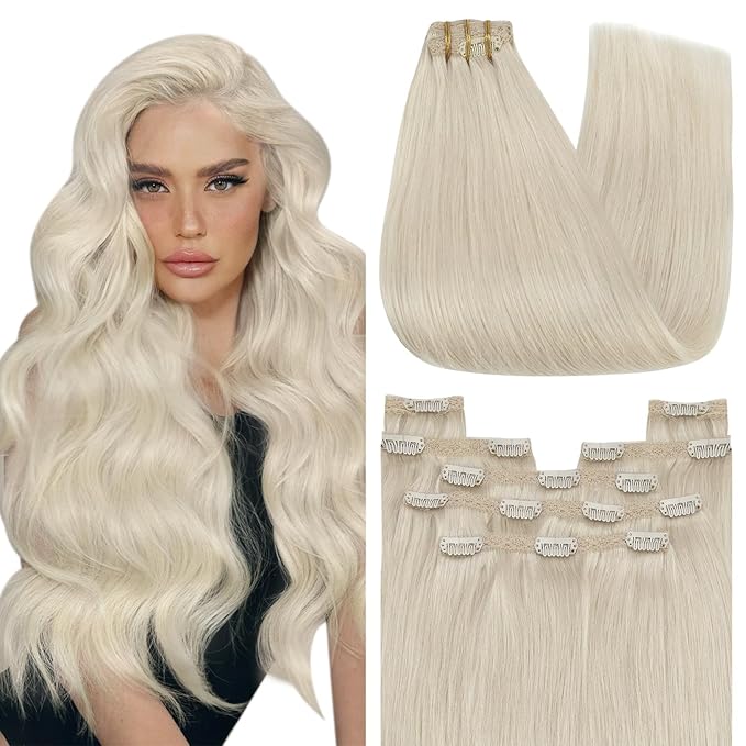YoungSee Clip in Hair Extensions Blonde Real Human Hair Clip in Extensions Platinum Blonde Hair Extension Clip ins Full Head 20 Inch 120G 7Pcs Add Length
