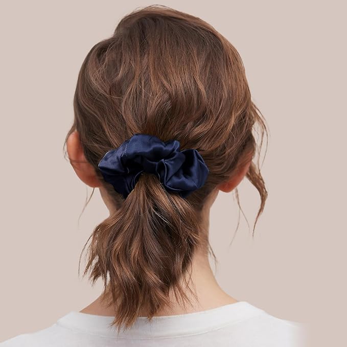LILYSILK Silk Hair Scrunchies for Frizz & Breakage Prevention 100% Mulberry Silk Hair Ties No Damage Elastic Silk Ponytail Holders, 1Pc, Navy Blue