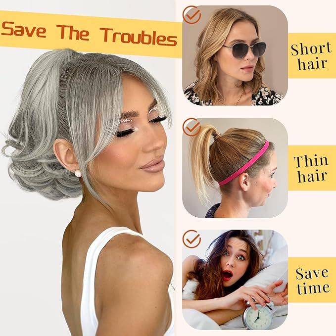 KooKaStyle Ponytail Extension, 10" Short Claw Clip in Pony Tails Hair Extensions Curly Wavy Synthetic Drawstring Hairpieces for Women(Smokey Silver)