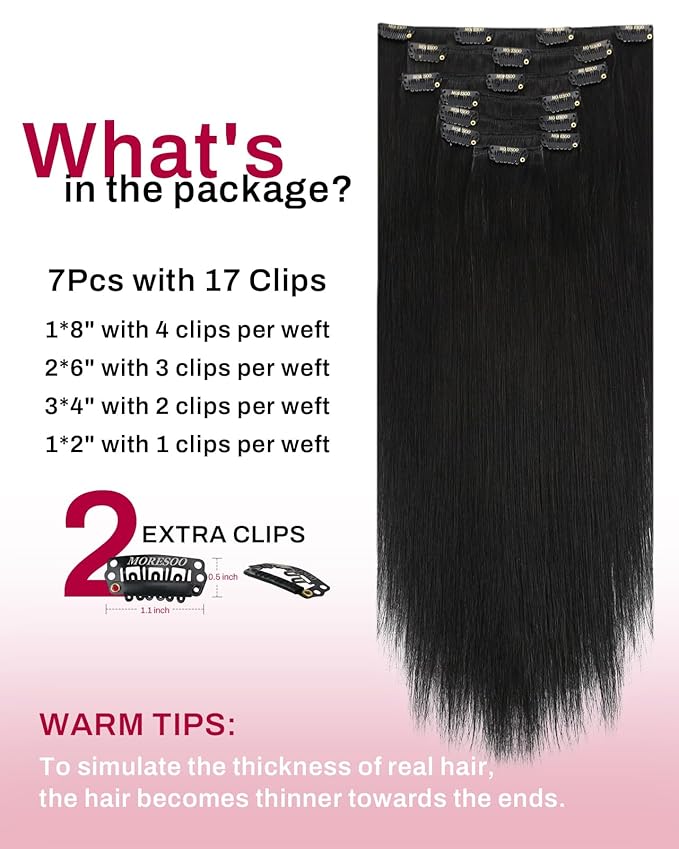 Moresoo Clip in Hair Extensions Black Natural Human Hair Clip in Extensions Double Weft Clip on Hair Extensions Off Black #1B 7pcs/120g 16 Inch
