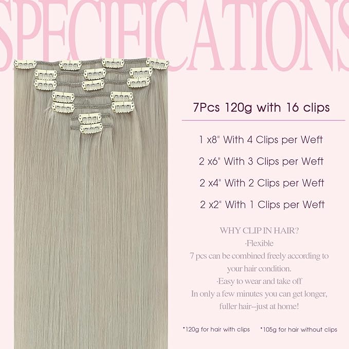 PINKPEARL Clip in Hair Extensions Real Human Hair, 18 Inch 120g 7pcs #1000 Gray Blonde Human Hair Extensions Clip Ins, Remy Hair Clip ins(#1000-18)