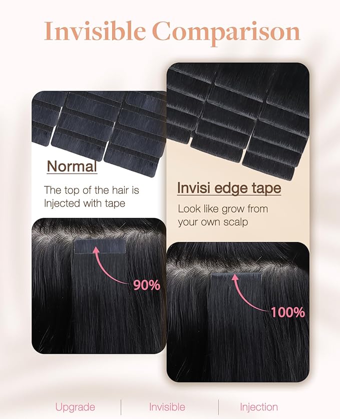 GOO GOO Invisi Edge Tape in Hair Extensions Human Hair, 1 Jet black, 10pcs 18inch 25g, Virgin Remy Hair, Seamless Injected Tape, Natural Look