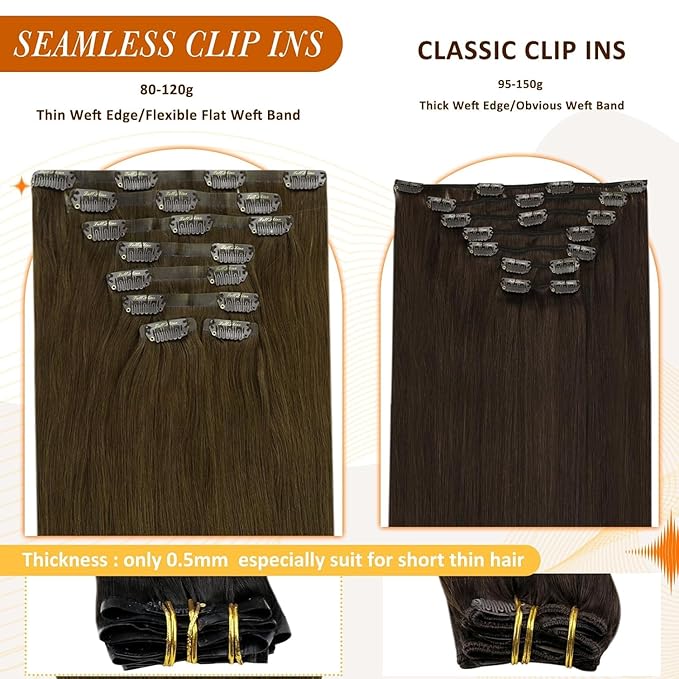 Full Shine Brown Clip in Hair Extensions Natural Brown Seamless Clip ins Full Head Invisible Hair Extension Human Hair Short Real Hair 14 Inch 8 PCS 120 G
