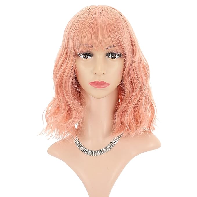 FAELBATY Pink Wigs With Bangs Synthetic Short Bob Wig for Girl Shoulder Length Wig for Women Costume Wigs Mixed Pink(12" Orange Pink)