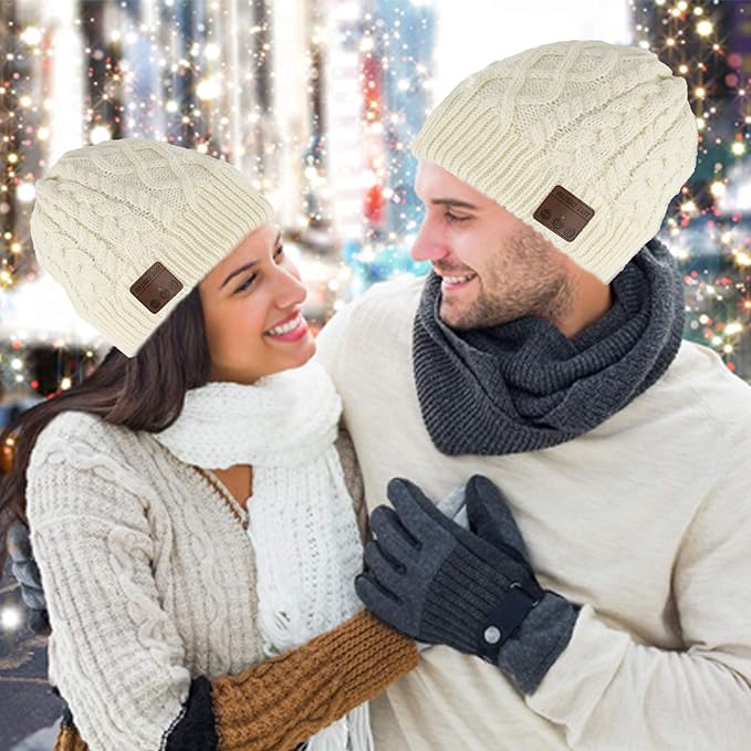 Wireless Beanie Hat for Men Women Wireless Headset Headphones Music Audio Boys Girls Winter Cap with Speaker Mic Hands Free Outdoor Sport Stereo Earphone Earpieces Warm White