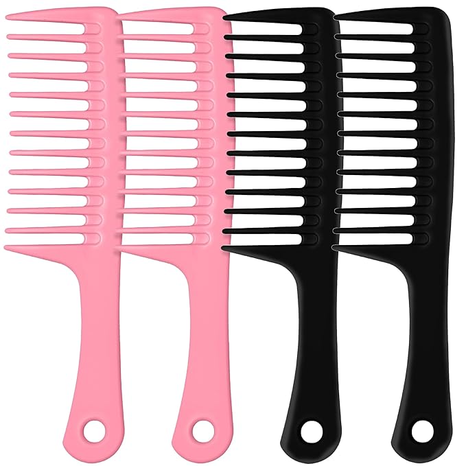 MODENGKONGJIAN 4PCS Wide Tooth Comb, Large Hair Detangling Comb Styling Comb for Curly, Wet, Long Hair with Handgrip (Black & Pink)