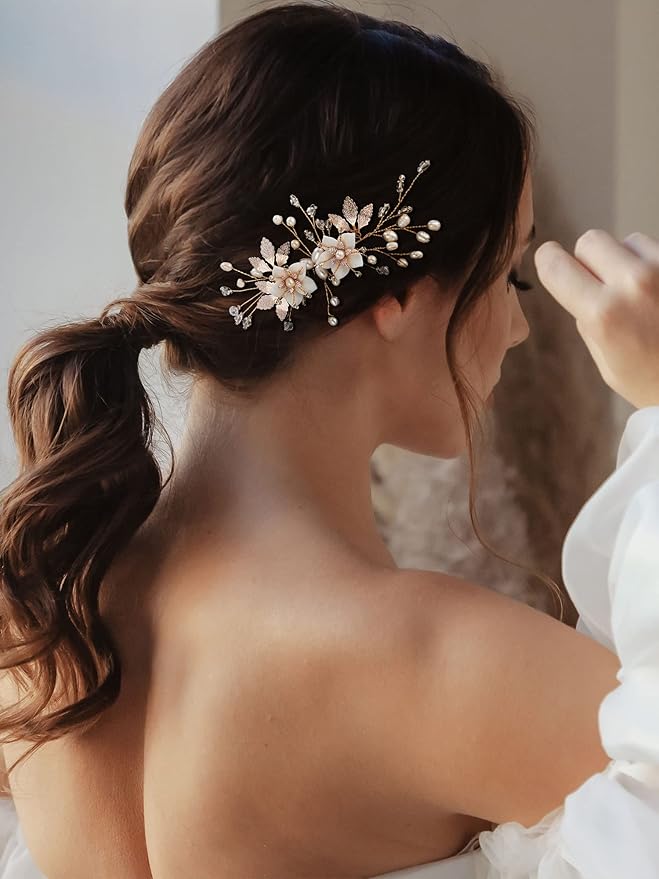 SWEETV Wedding Hair Comb for Bridal Hair Accessories, Handmade Flower Bridal Hair Clip Hair Pieces, Gold, 5.12 *2.75 inches, 1 Count (Pack of 1)