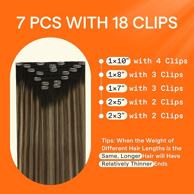 Full Shine Balayage Clip in Hair Extensions Remy Human Hair 14 Inch 120 Grams Hair Extensions Clip ins Double Weft Dark Brown Ombre Brown With Honey Blonde Straight Hair 7 Pcs