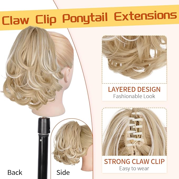 KooKaStyle Ponytail Extension, 10" Short Claw Clip in Pony Tails Hair Extensions Curly Wavy Synthetic Drawstring Hairpieces for Women(Blonde with White Highlights)
