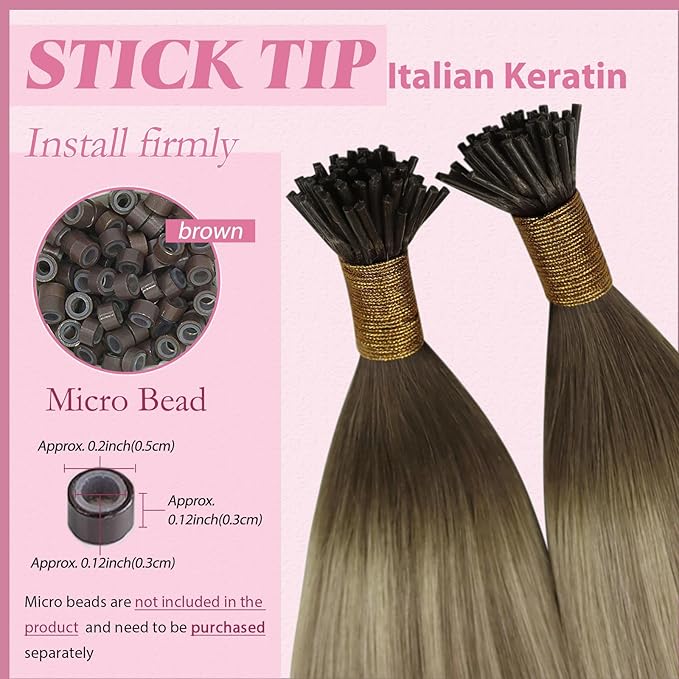YoungSee I Tip Hair Extensions Ombre Itip Human Hair Extensions Ombre Dark Brown to Brown with Blonde Keratin Tip Extension 18In Cold Fusion Hair Extension Balayage 60s 50g