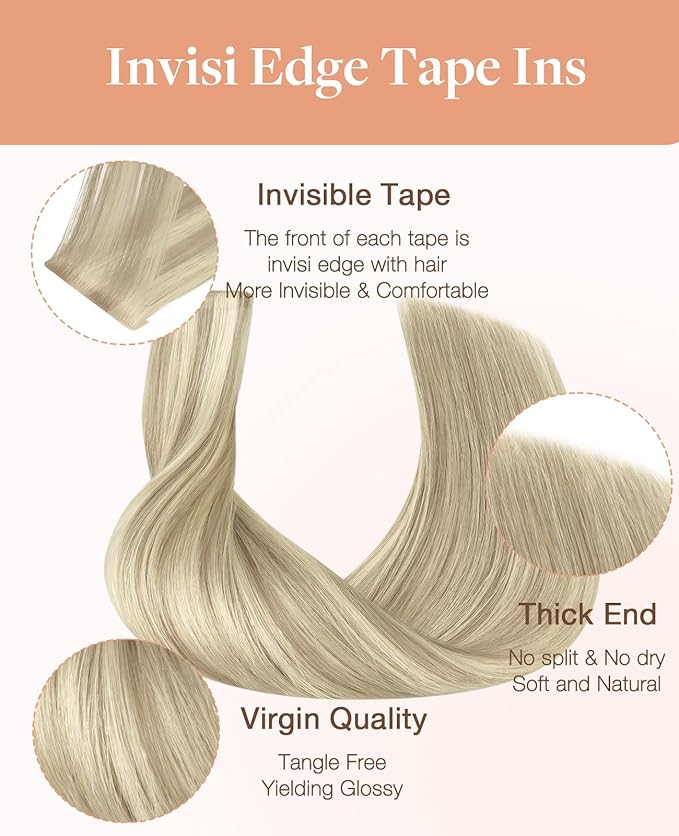 GOO GOO Invisi Edge Tape in Hair Extensions Human Hair, 17A/60A Ash Blonde Highlighted Platinum Blonde, 20pcs 24inch 50g, Virgin Remy Hair, Seamless Injected Tape, Natural Look