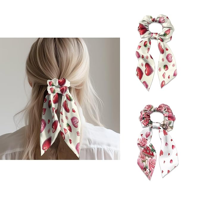Heart Rose Mushroom Satin Hair Tie Thick Hair Valentine's Day Pack of 2 Knotted Bow Hair Scrunchies Elastic Hair Scarf Bow Scrunchy for Women