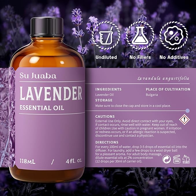 SU JUABA Lavender Essential Oil 4 Fl Oz, 100% Pure Natural Aromatherapy Oil for Diffuser, Skin Care, Relaxation, Sleep, Wool Dryer Balls - 118ML
