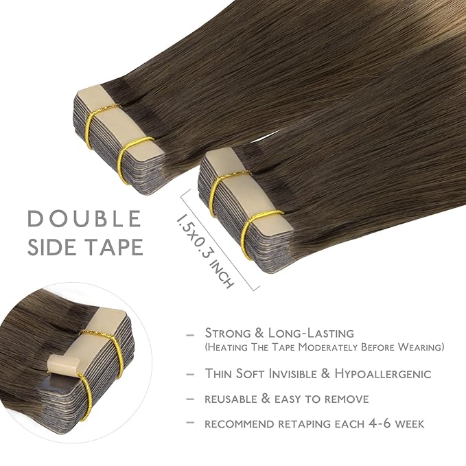 WENNALIFE Tape in Hair Extensions Human Hair, 20pcs 18 inch 50g Ombre Walnut Brown to Ash Brown and Bleach Blonde Remy Tape Hair Extensions Real Human Hair Tape Extensions Coloured Hair Extensions
