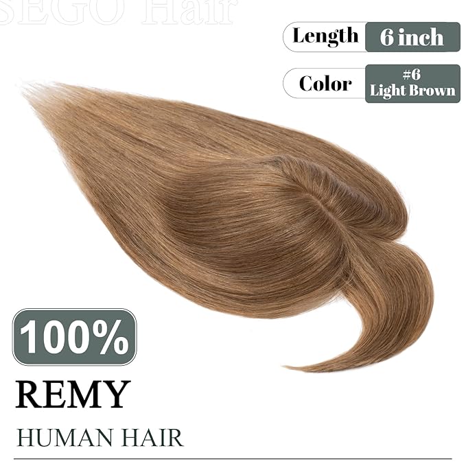 SEGO Hair Toppers for Women Real Human Hair with Thinning Hair, Toppers Hair Pieces Clip in Toppers Straight Hair Pieces with Front Bangs 150% Density Silk Base -6 Inch #6 Light Brown