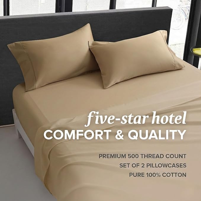 Beckham Hotel Collection 100% Cotton Pillow Cases King Size Set of 2, 500TC, Luxury Sateen Pillowcases, Open End, Breathable, Moisture-Wicking, Sand