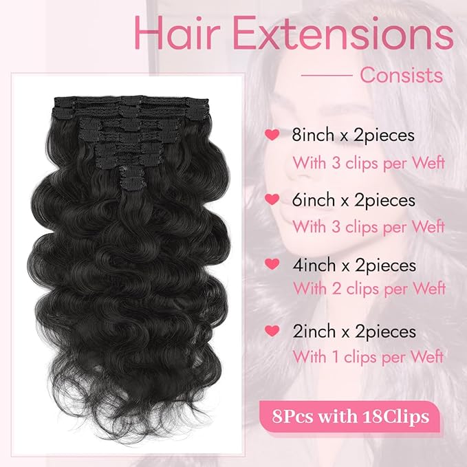 Clip in Hair Extensions Real Human Hair Body Wave 1 Jet Black Clip in 100% Brazilian Remy Human Hair Extensions 8pcs Per Set with 18 Clips Double Weft 20 Inch 105g/3.6oz