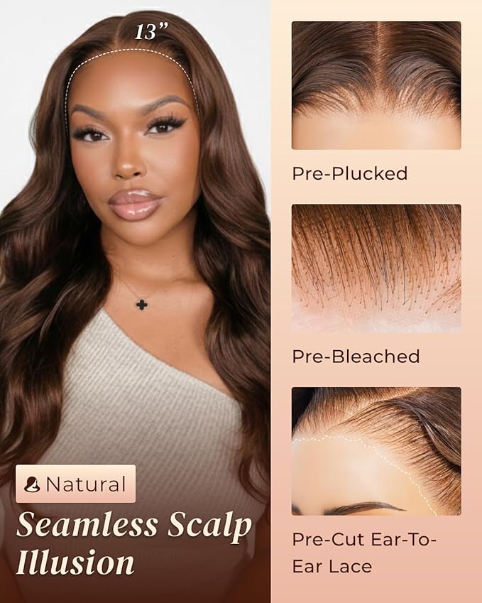 Arabella 13x6 Chocolate Brown Lace Front Wig Human Hair HD Transparent Body Wave Lace Front Wigs Human Hair Pre Plucked Glueless Frontal Brown Wig Human Hair 20 Inch
