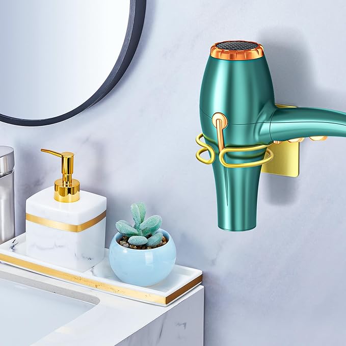 Hair Dryer Holder Wall Mounted, Hairdryer Holder for Bathroom, Blow Dryer Holder, Hair Tool Organizer for Hair Dryer Hanger Storage, Adhesive Blow Dryer Organizer (Gold)