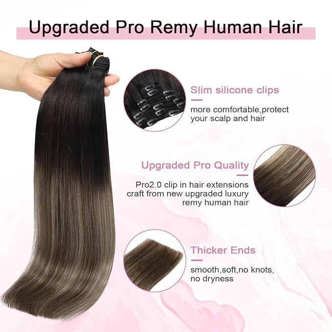 Pro2.0 Remy Real Human Hair Extensions Clip ins 120g Thick 7pcs #1b/4/27 Natural Black to Chocolate Brown and Caramel Blonde Clip in Hair Extensions Real Human Hair 16inch（#1b/4/27-16inch）