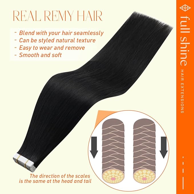 Full Shine Black Tape in Hair Extensions Human Hair 12 Inch Color 1 Jet Black Invisible Hair Extensions Tape in Double Sided Tape 20 Pcs Soft Remy Real Human Hair Skin Weft 30G for Women