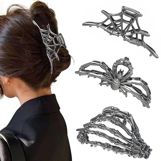 3 Pieces Large Metal Spider Net Hand Hair Claw Clips for Women and Girls Thick Long Hair, Nonslip Skeleton Spooky Barrette Headband Hair Styling Accessories for Halloween Christmas Gifts