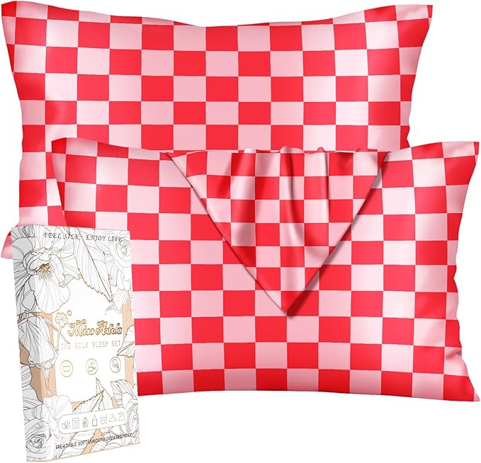 2 Pack Mulberry Silk Pillowcase for Hair and Skin - Standard Size 20 x 26 Inches with Hidden Zipper PK Check 19 Momme Soft Sleeping Silk Pillow Case for Women, Moms