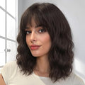 Nnzes Short Wavy Bob Wig with Bangs for Women Shoulder Length Curly Soft Brown Synthetic Heat-Resistant Fiber Hair for Daily & Party Use