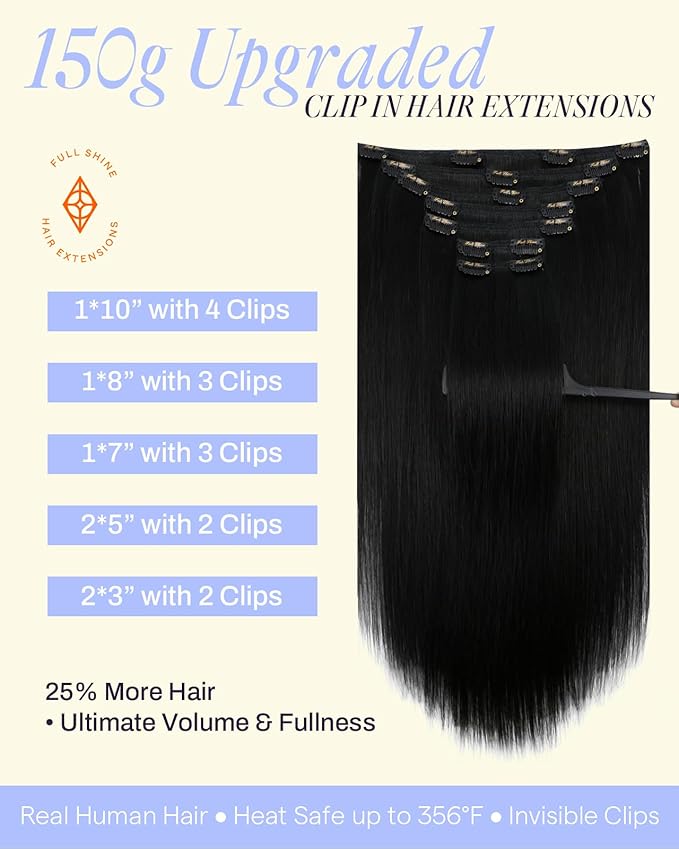 Full Shine Hair Clip in Extensions for Black Women 22 Inch 150 G Hair Extensions Real Human Hair Clip ins for Fullness Jet Black Hair Extensions 7 Pcs