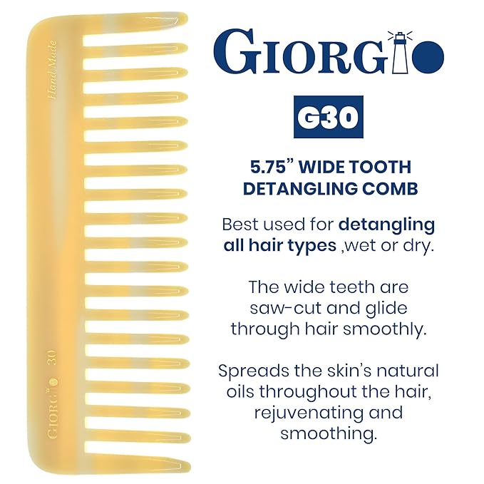 Giorgio G30 Large 5.75 Inch Detangling Comb, Wide Teeth for Thick Curly Wavy Hair. Long Hair Detangler Comb For Wet and Dry. Handmade of Cellulose, Saw-Cut, Hand Polished, Ivory