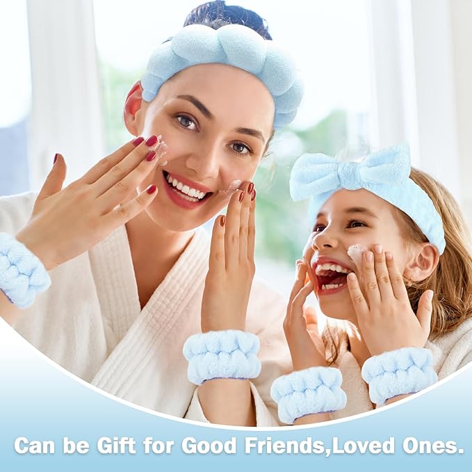 Zkptops 6Pcs Spa Headband for Washing Face Wristbands Set Women Bubble Skincare Makeup Sponge Blue Terry Cloth Padded Puffy Headband Bow Tie Hairband Cute Non Slip Thick Hair Accessory Gifts