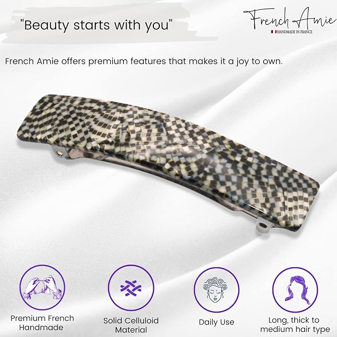 French Amie Oblong Handmade 3.5" Celluloid Automatic Hair Clip Barrette for Girls Strong Hold Hair Clips for Women No Slip Durable Hair Accessories, Made in France (Opera)