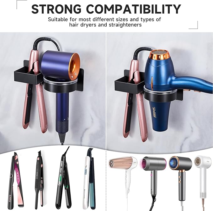 Hair Dryer Holder Blow Dryer Holder Wall Mounted, Adhesive Hair Straightener Holder, Hair Tool Organizer for Curling Iron Holder, Metal Hairdryer Holder Storage Organizer for Bathroom Vanity,Black
